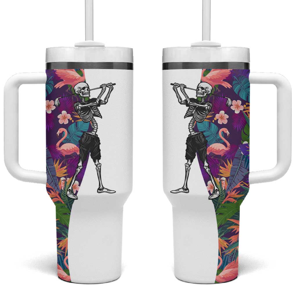 Skeleton Golfer Tumbler With Handle with Tropical Flamingo Leaves Pattern and Colorful Floral Background - Wonder Print Shop
