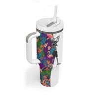 Skeleton Golfer Tumbler With Handle with Tropical Flamingo Leaves Pattern and Colorful Floral Background - Wonder Print Shop