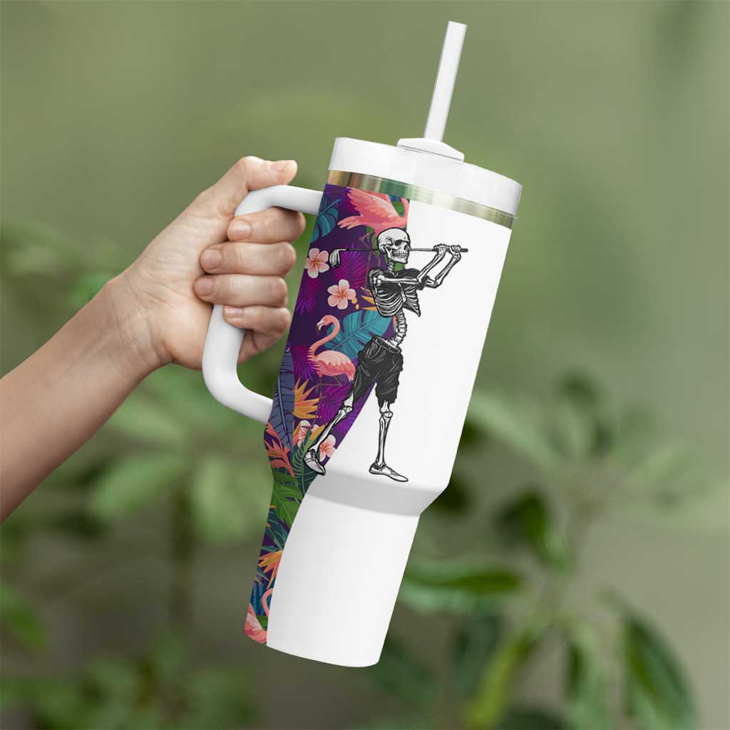 Skeleton Golfer Tumbler With Handle with Tropical Flamingo Leaves Pattern and Colorful Floral Background - Wonder Print Shop