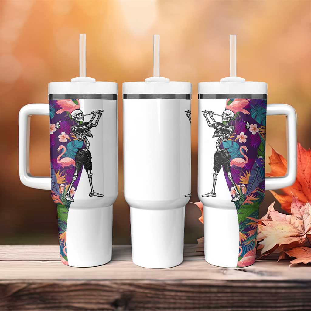 Skeleton Golfer Tumbler With Handle with Tropical Flamingo Leaves Pattern and Colorful Floral Background - Wonder Print Shop