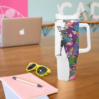 Skeleton Golfer Tumbler With Handle with Tropical Flamingo Leaves Pattern and Colorful Floral Background - Wonder Print Shop