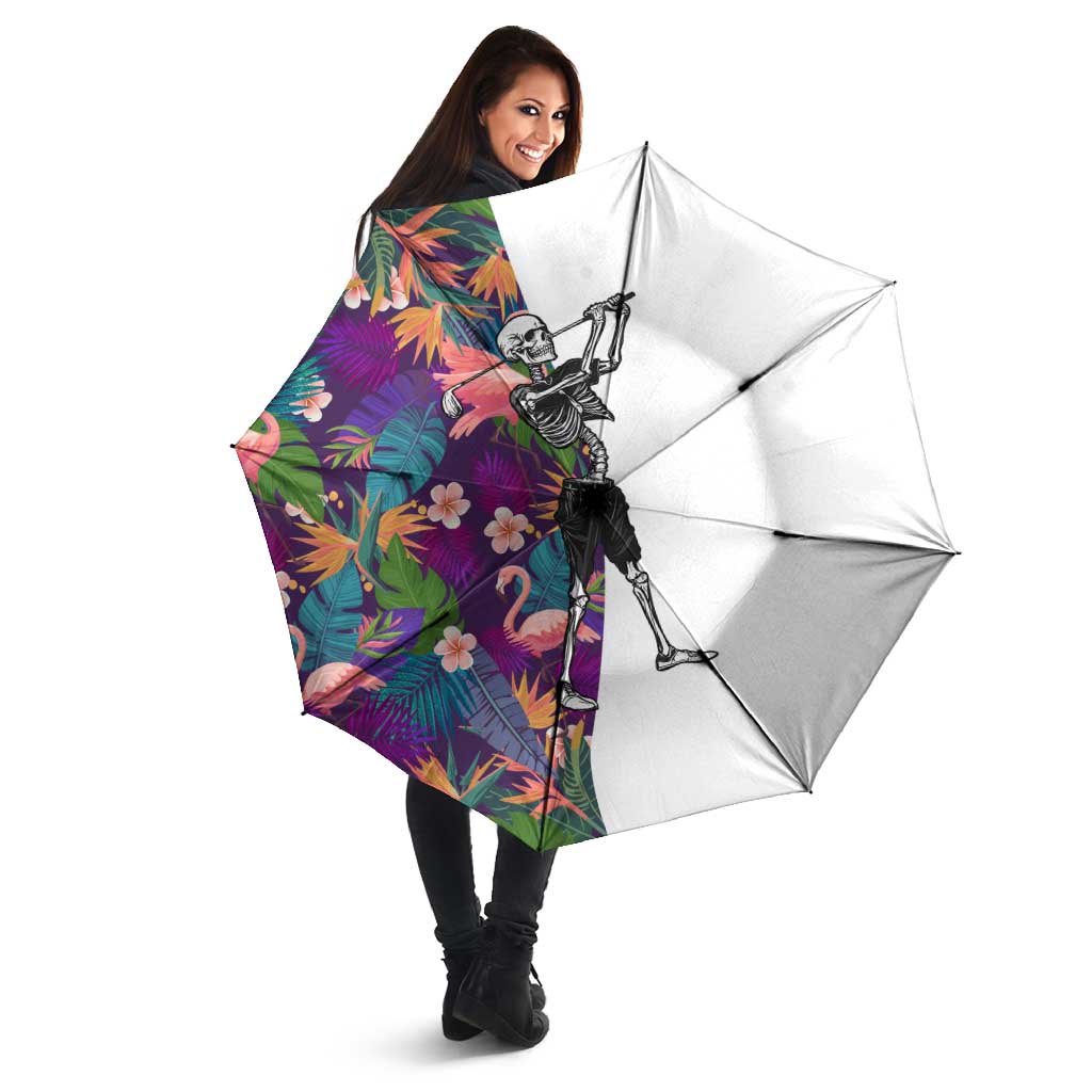 Skeleton Golfer Umbrella with Tropical Flamingo Leaves Pattern and Colorful Floral Background - Wonder Print Shop