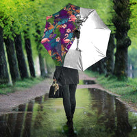 Skeleton Golfer Umbrella with Tropical Flamingo Leaves Pattern and Colorful Floral Background - Wonder Print Shop