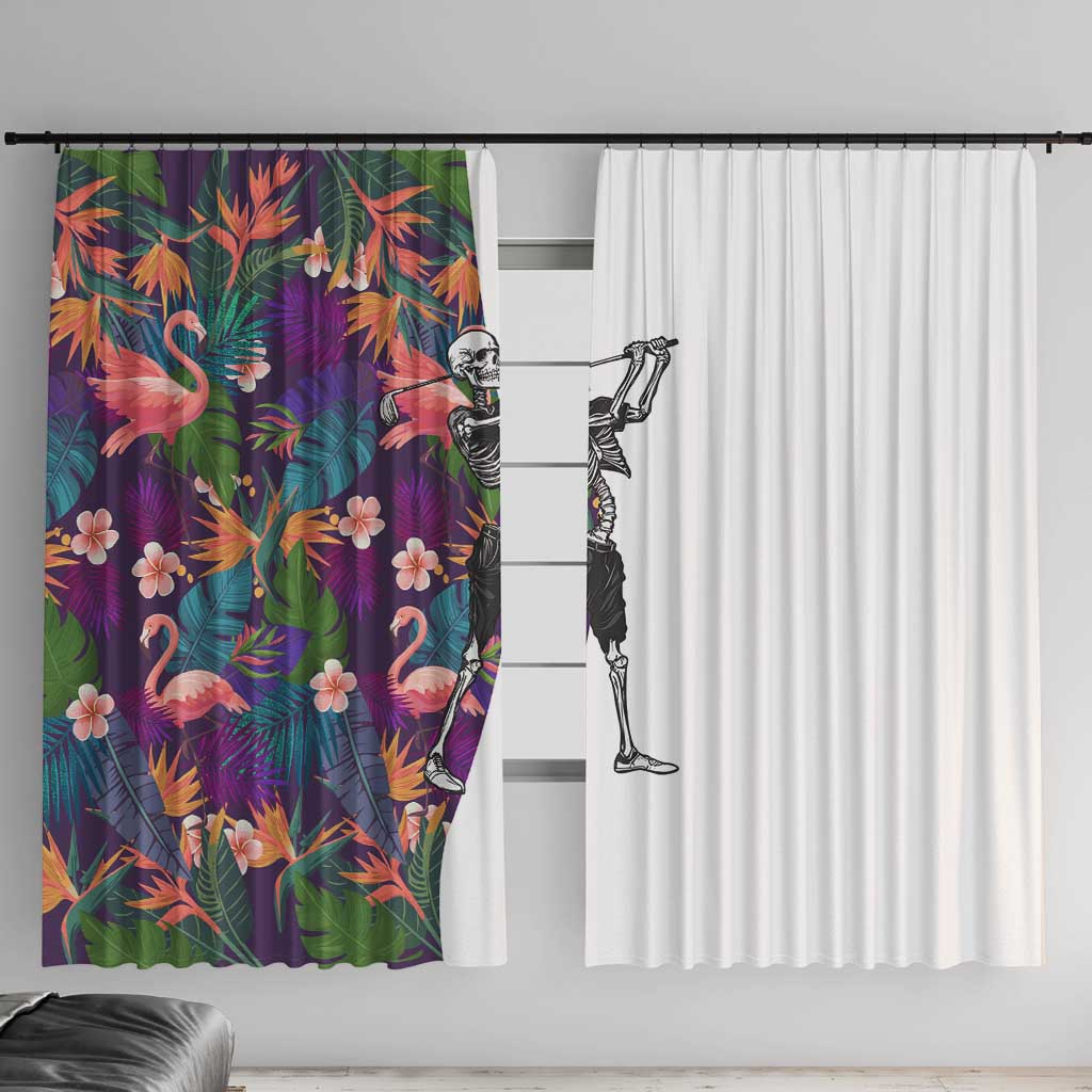 Skeleton Golfer Window Curtain with Tropical Flamingo Leaves Pattern and Colorful Floral Background - Wonder Print Shop