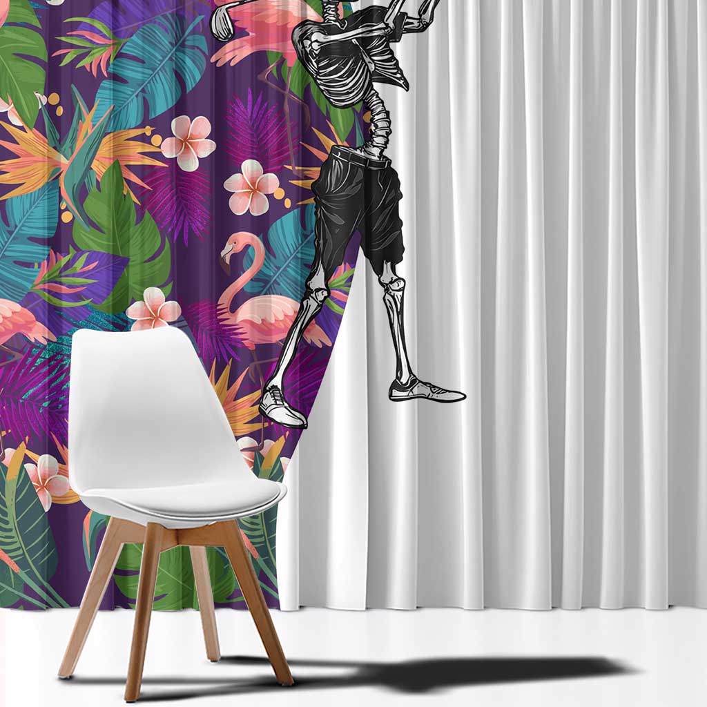 Skeleton Golfer Window Curtain with Tropical Flamingo Leaves Pattern and Colorful Floral Background - Wonder Print Shop
