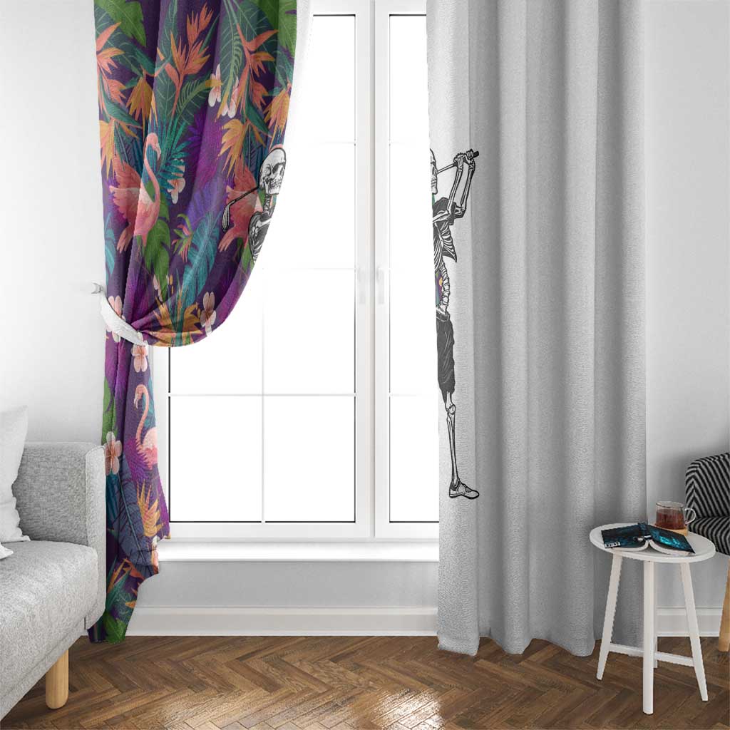 Skeleton Golfer Window Curtain with Tropical Flamingo Leaves Pattern and Colorful Floral Background - Wonder Print Shop
