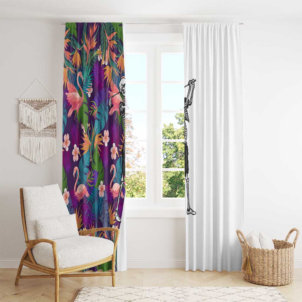 Skeleton Golfer Window Curtain with Tropical Flamingo Leaves Pattern and Colorful Floral Background - Wonder Print Shop