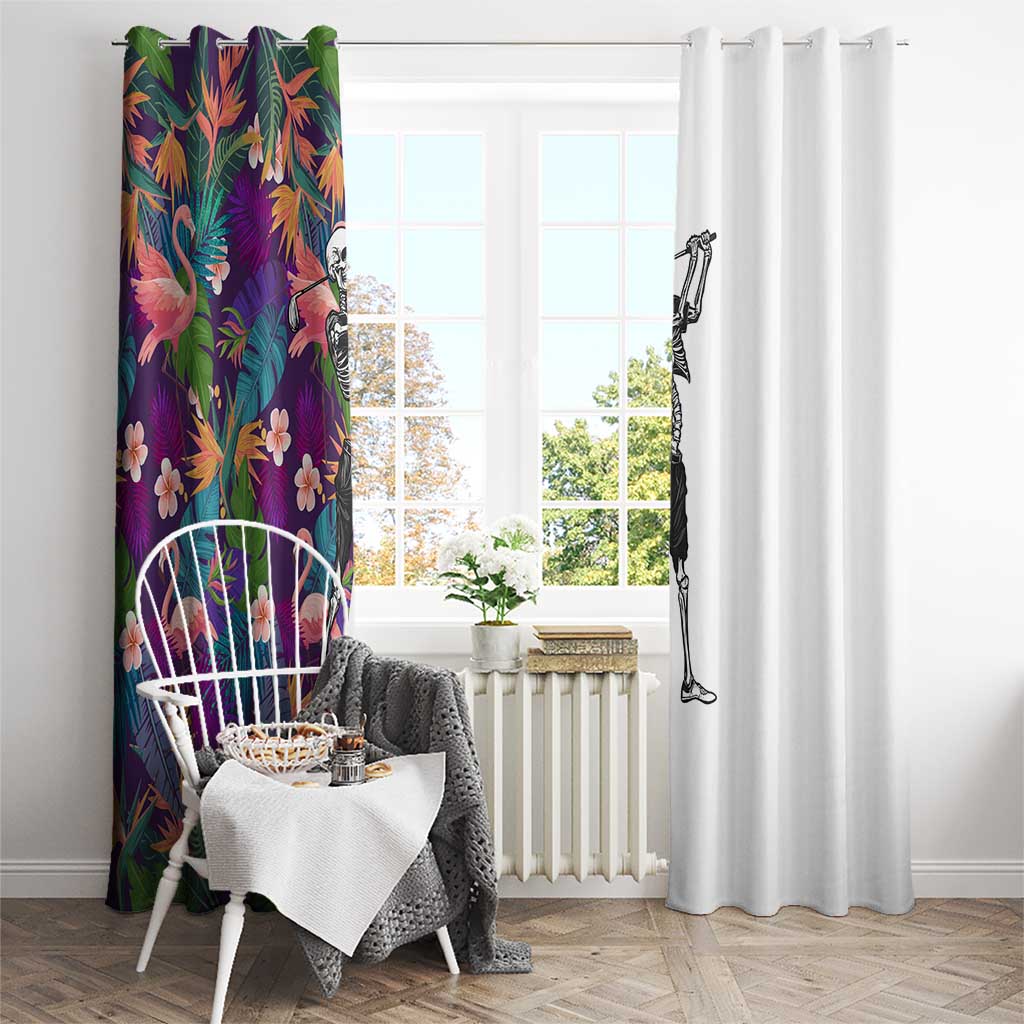 Skeleton Golfer Window Curtain with Tropical Flamingo Leaves Pattern and Colorful Floral Background - Wonder Print Shop