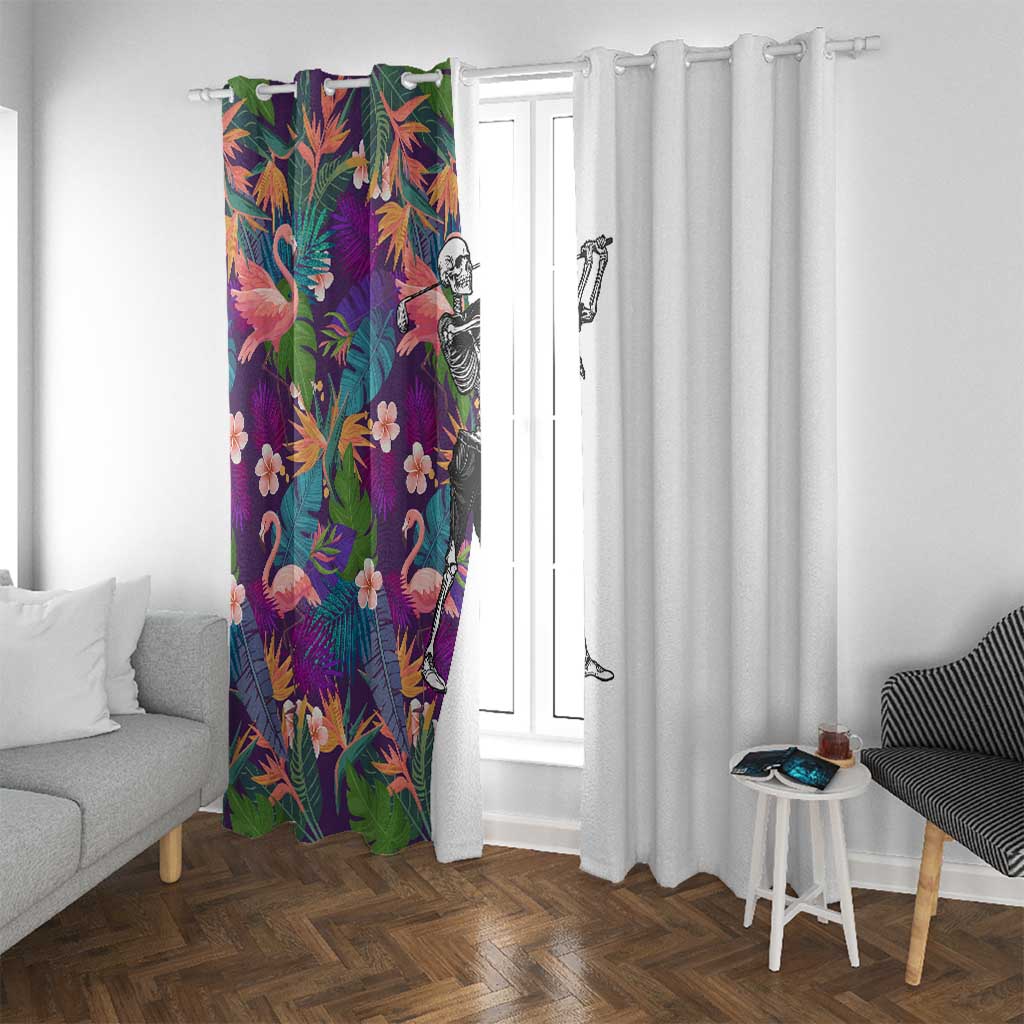 Skeleton Golfer Window Curtain with Tropical Flamingo Leaves Pattern and Colorful Floral Background - Wonder Print Shop