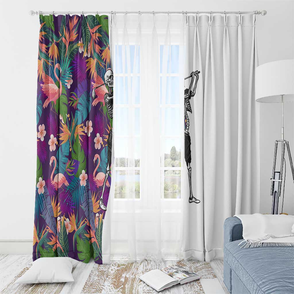 Skeleton Golfer Window Curtain with Tropical Flamingo Leaves Pattern and Colorful Floral Background - Wonder Print Shop