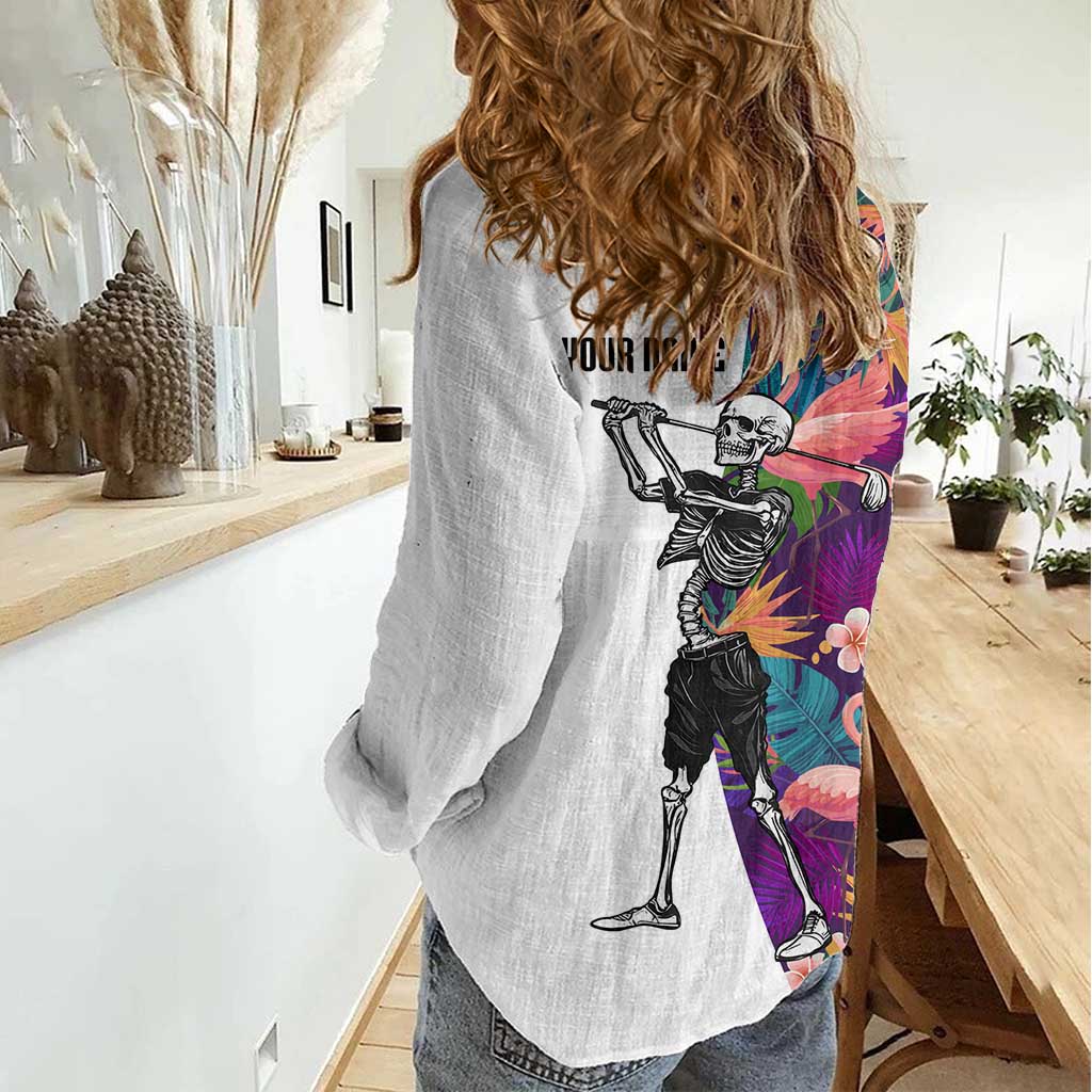 Custom Skeleton Golfer Women Casual Shirt with Tropical Flamingo Leaves Pattern and Colorful Floral Background - Wonder Print Shop