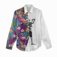 Custom Skeleton Golfer Women Casual Shirt with Tropical Flamingo Leaves Pattern and Colorful Floral Background - Wonder Print Shop