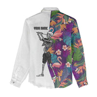 Custom Skeleton Golfer Women Casual Shirt with Tropical Flamingo Leaves Pattern and Colorful Floral Background - Wonder Print Shop