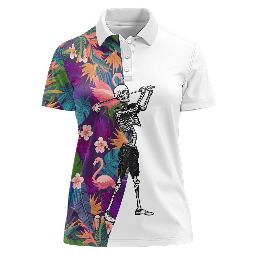 Custom Skeleton Golfer Women Polo Shirt with Tropical Flamingo Leaves Pattern and Colorful Floral Background - Wonder Print Shop