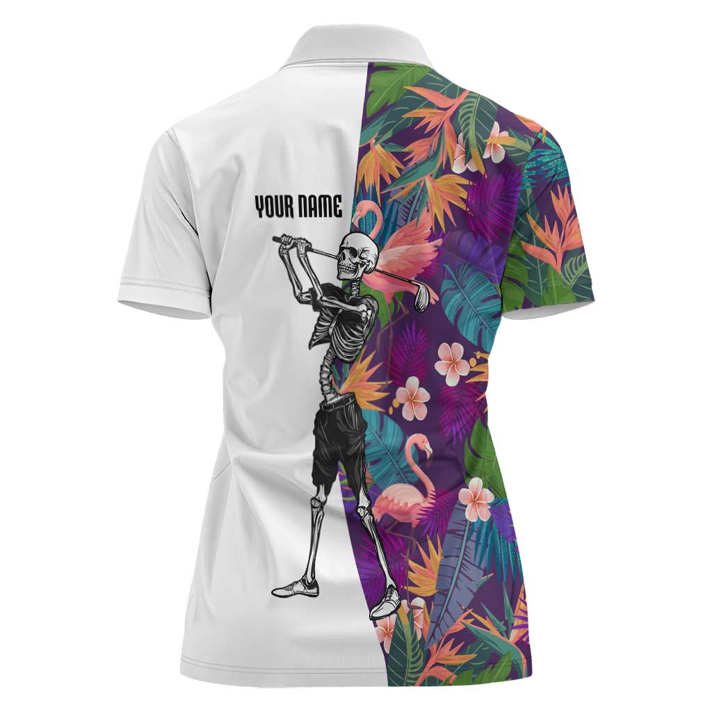 Custom Skeleton Golfer Women Polo Shirt with Tropical Flamingo Leaves Pattern and Colorful Floral Background - Wonder Print Shop