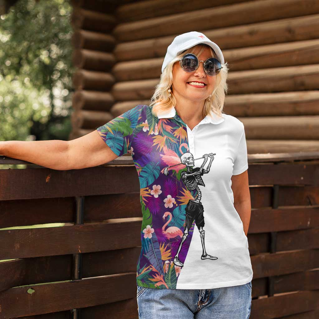Custom Skeleton Golfer Women Polo Shirt with Tropical Flamingo Leaves Pattern and Colorful Floral Background - Wonder Print Shop