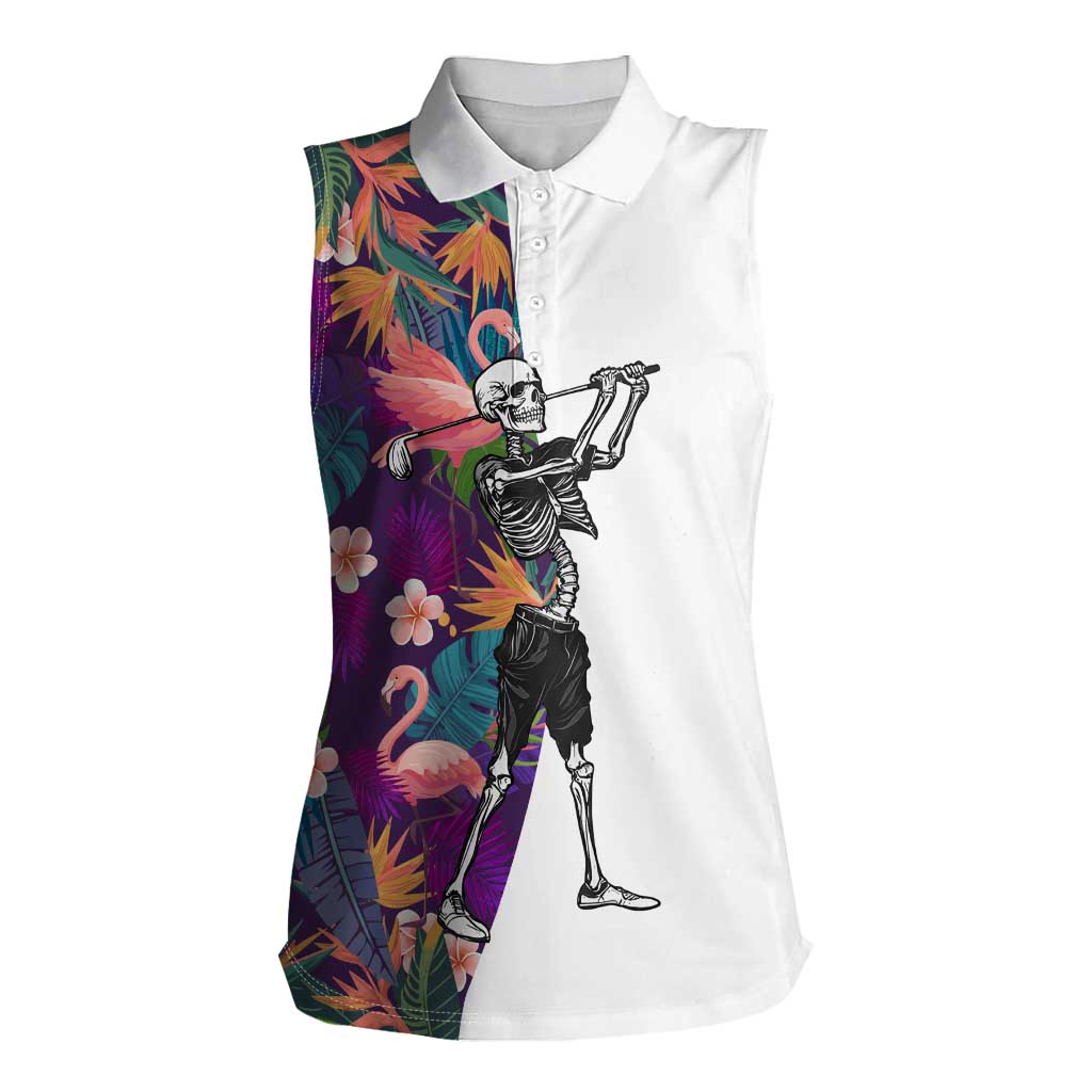 Custom Skeleton Golfer Women Sleeveless Polo Shirt with Tropical Flamingo Leaves Pattern and Colorful Floral Background - Wonder Print Shop
