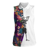 Custom Skeleton Golfer Women Sleeveless Polo Shirt with Tropical Flamingo Leaves Pattern and Colorful Floral Background - Wonder Print Shop