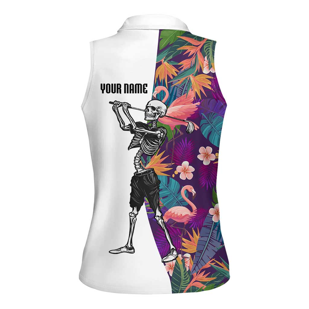 Custom Skeleton Golfer Women Sleeveless Polo Shirt with Tropical Flamingo Leaves Pattern and Colorful Floral Background - Wonder Print Shop