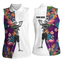 Custom Skeleton Golfer Women Sleeveless Polo Shirt with Tropical Flamingo Leaves Pattern and Colorful Floral Background - Wonder Print Shop