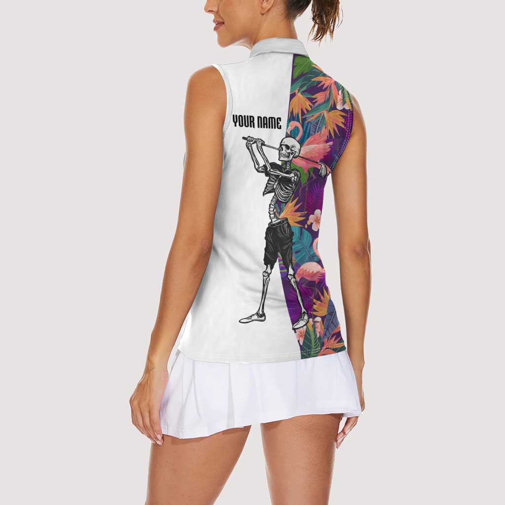 Custom Skeleton Golfer Women Sleeveless Polo Shirt with Tropical Flamingo Leaves Pattern and Colorful Floral Background - Wonder Print Shop