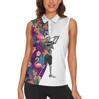 Custom Skeleton Golfer Women Sleeveless Polo Shirt with Tropical Flamingo Leaves Pattern and Colorful Floral Background - Wonder Print Shop