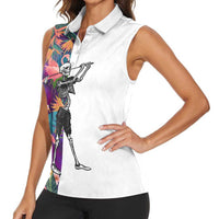 Custom Skeleton Golfer Women Sleeveless Polo Shirt with Tropical Flamingo Leaves Pattern and Colorful Floral Background - Wonder Print Shop
