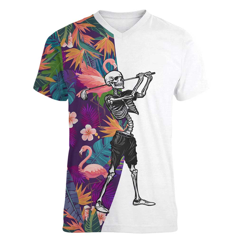 Custom Skeleton Golfer Women V-Neck T-Shirt with Tropical Flamingo Leaves Pattern and Colorful Floral Background - Wonder Print Shop