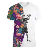 Custom Skeleton Golfer Women V-Neck T-Shirt with Tropical Flamingo Leaves Pattern and Colorful Floral Background - Wonder Print Shop