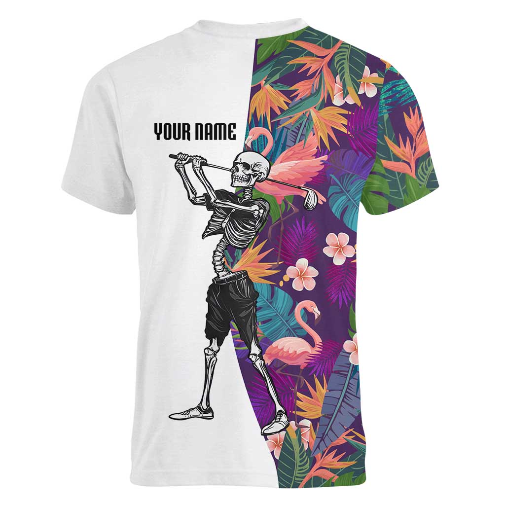 Custom Skeleton Golfer Women V-Neck T-Shirt with Tropical Flamingo Leaves Pattern and Colorful Floral Background - Wonder Print Shop