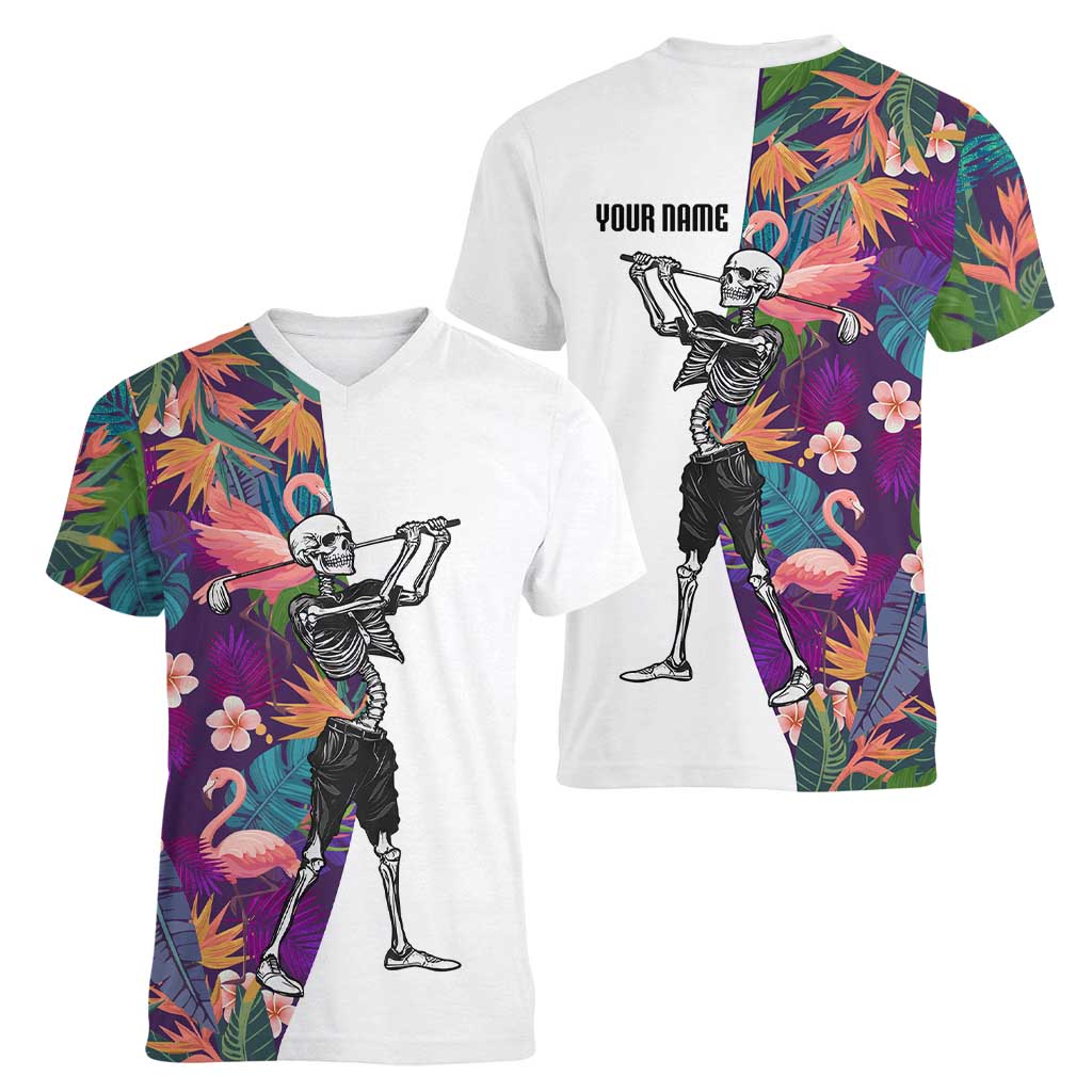 Custom Skeleton Golfer Women V-Neck T-Shirt with Tropical Flamingo Leaves Pattern and Colorful Floral Background - Wonder Print Shop