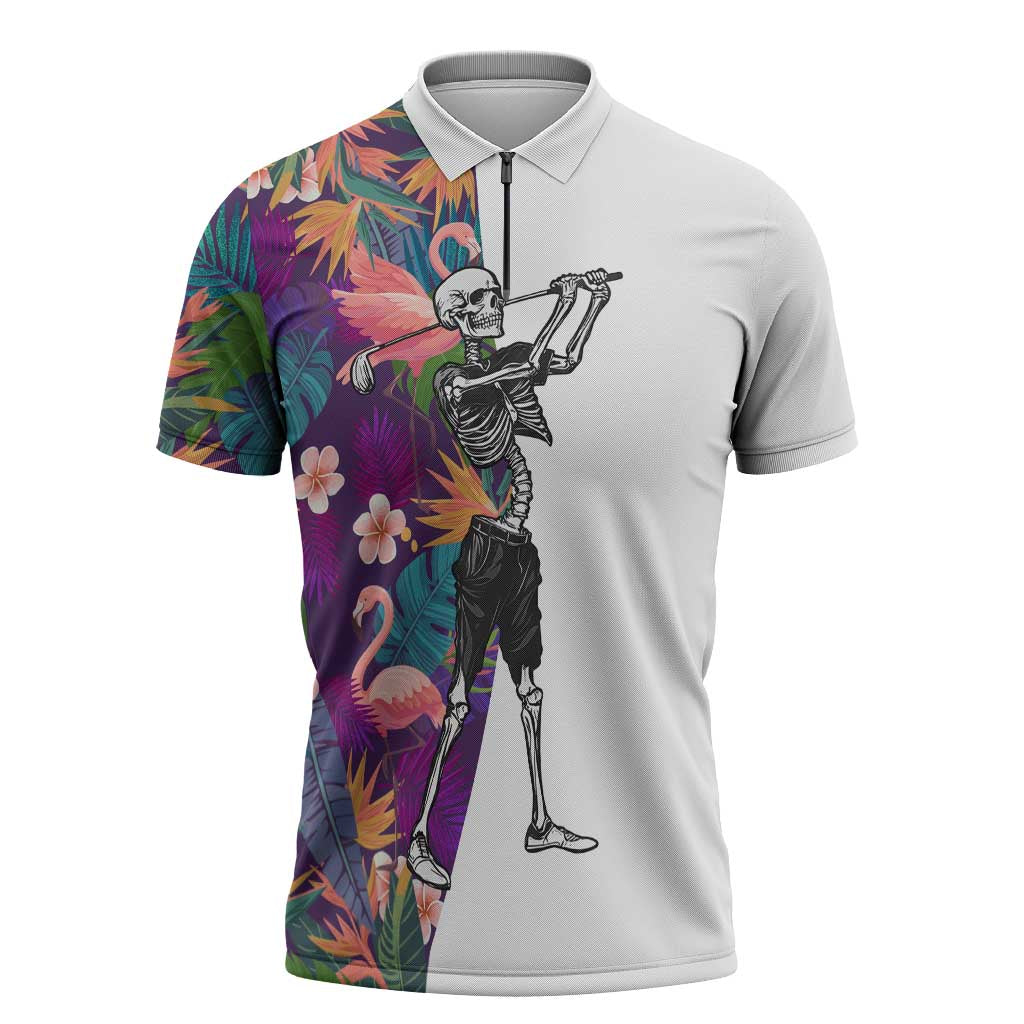 Custom Skeleton Golfer Zipper Polo Shirt with Tropical Flamingo Leaves Pattern and Colorful Floral Background - Wonder Print Shop