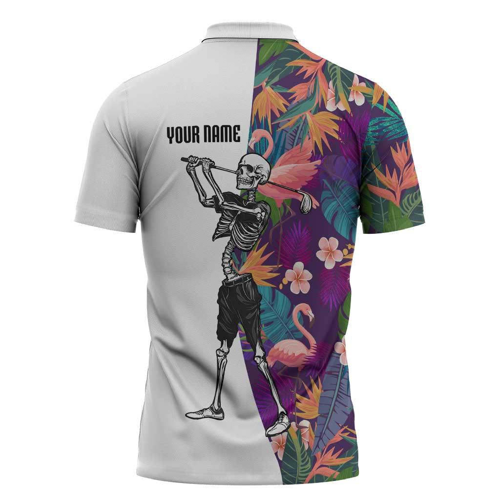 Custom Skeleton Golfer Zipper Polo Shirt with Tropical Flamingo Leaves Pattern and Colorful Floral Background - Wonder Print Shop