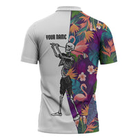 Custom Skeleton Golfer Zipper Polo Shirt with Tropical Flamingo Leaves Pattern and Colorful Floral Background - Wonder Print Shop