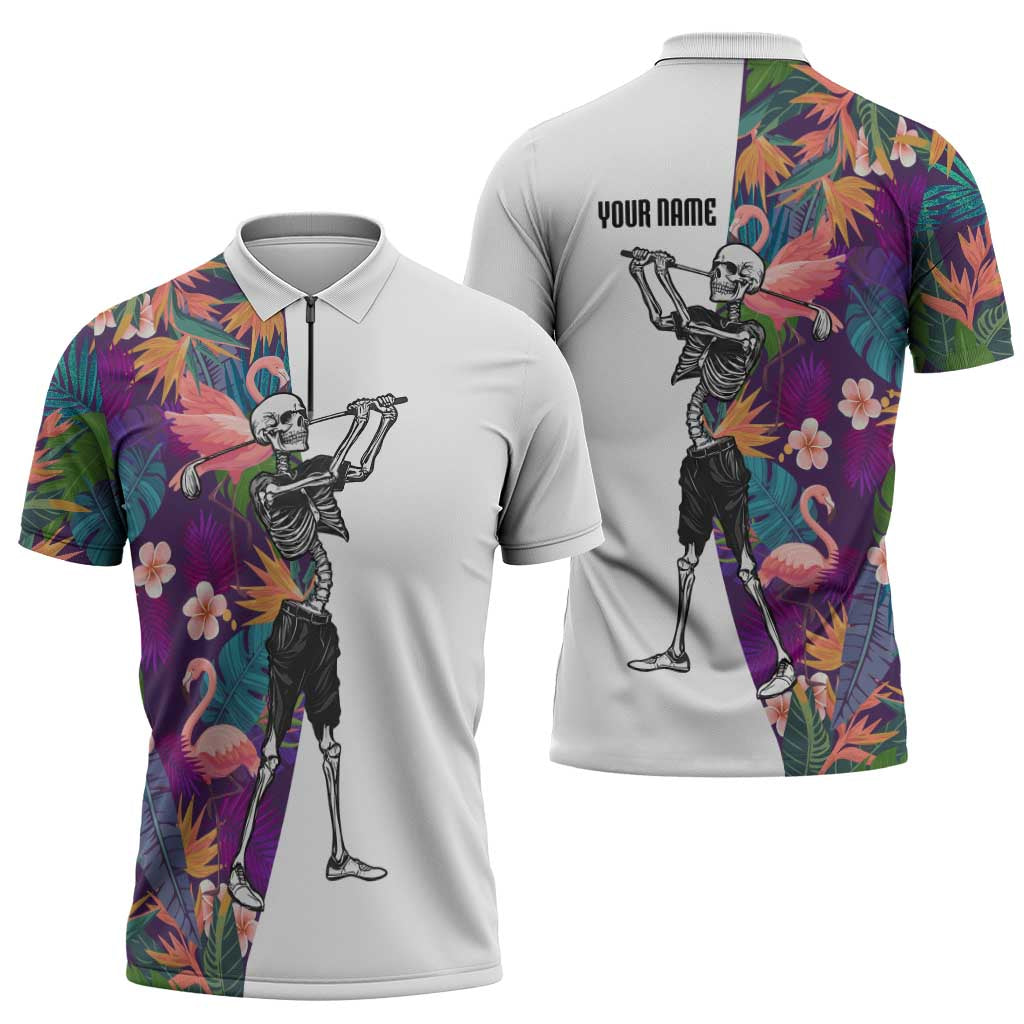 Custom Skeleton Golfer Zipper Polo Shirt with Tropical Flamingo Leaves Pattern and Colorful Floral Background - Wonder Print Shop