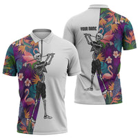 Custom Skeleton Golfer Zipper Polo Shirt with Tropical Flamingo Leaves Pattern and Colorful Floral Background - Wonder Print Shop