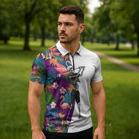 Custom Skeleton Golfer Zipper Polo Shirt with Tropical Flamingo Leaves Pattern and Colorful Floral Background - Wonder Print Shop