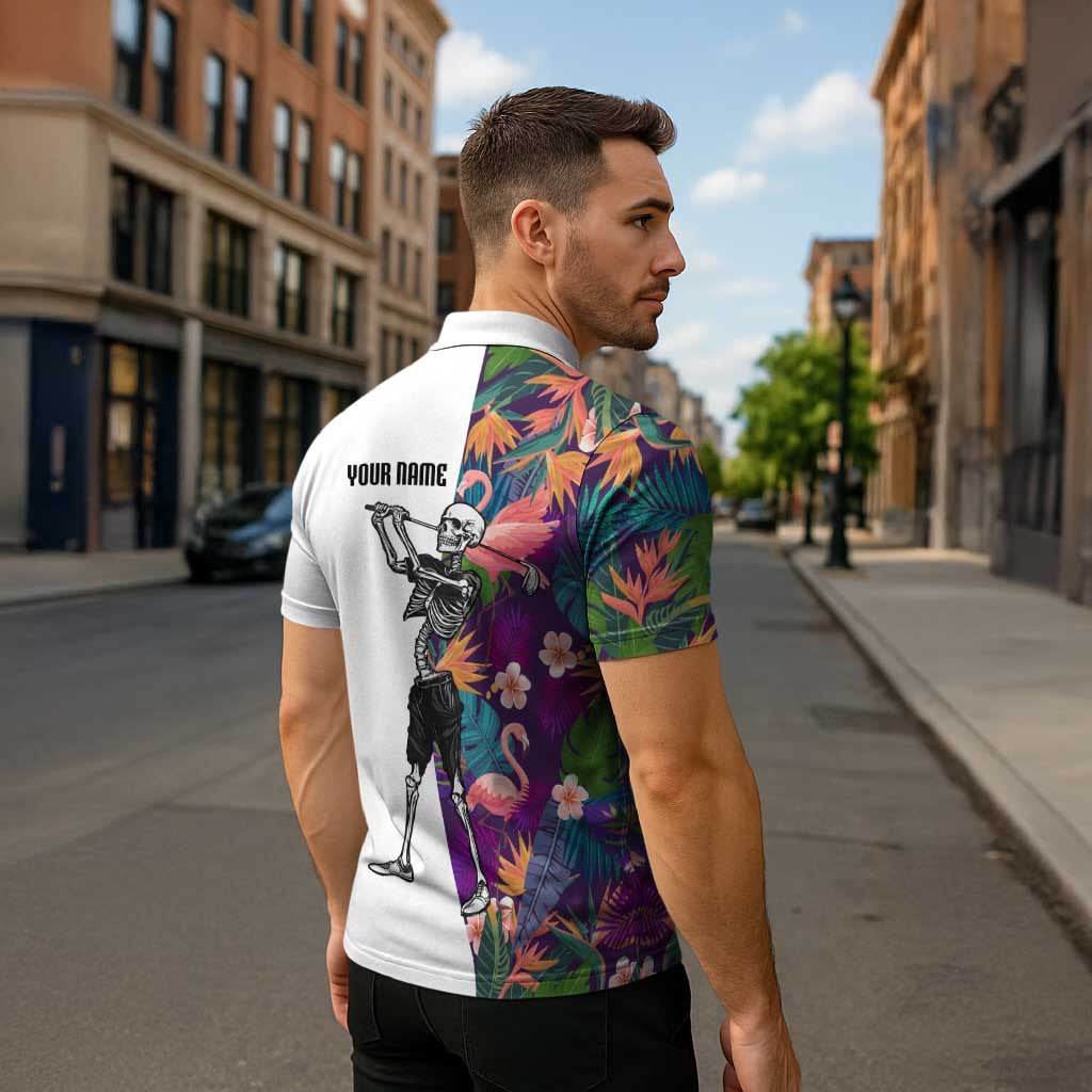 Custom Skeleton Golfer Zipper Polo Shirt with Tropical Flamingo Leaves Pattern and Colorful Floral Background - Wonder Print Shop