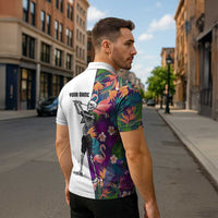 Custom Skeleton Golfer Zipper Polo Shirt with Tropical Flamingo Leaves Pattern and Colorful Floral Background - Wonder Print Shop