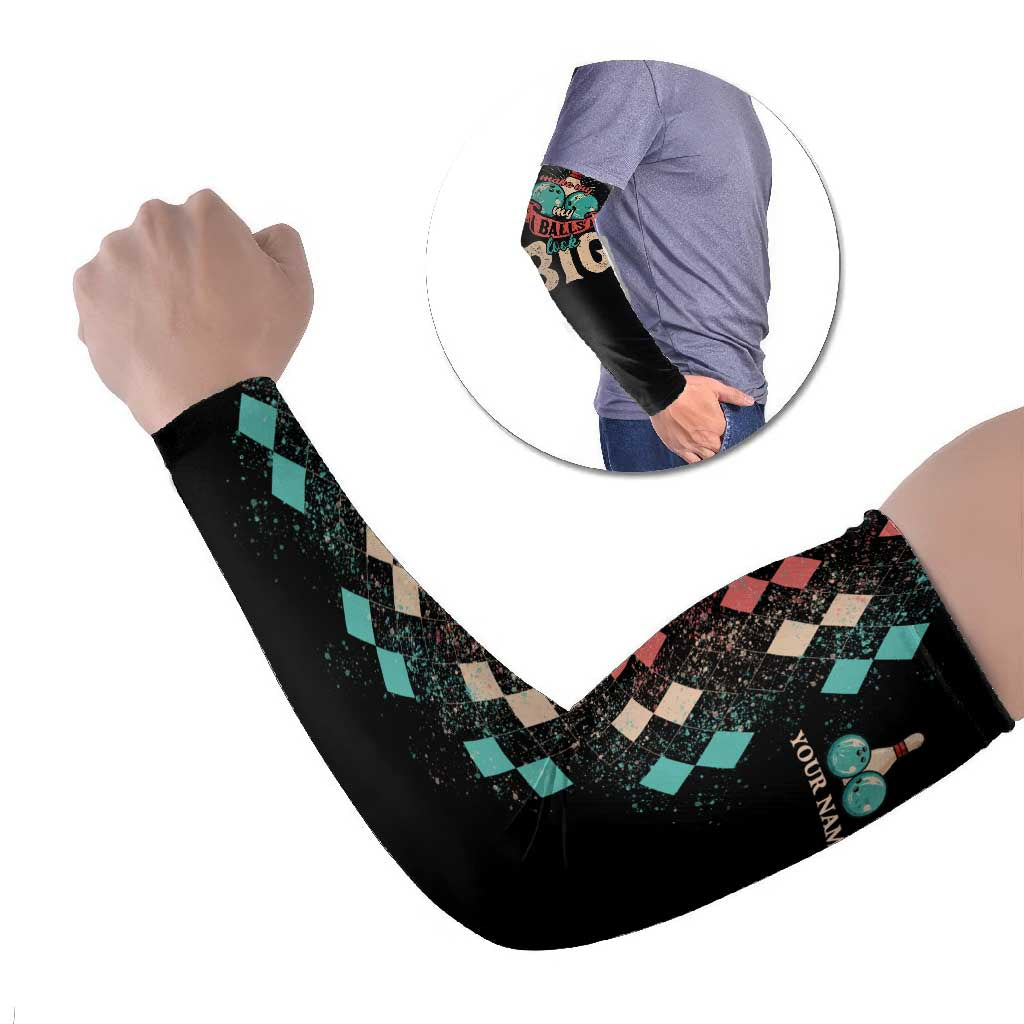 Custom Bowling Balls Arm Sleeves with Does This Shirt Make My Balls Look Big Quote and Retro Argyle Pattern - Wonder Print Shop
