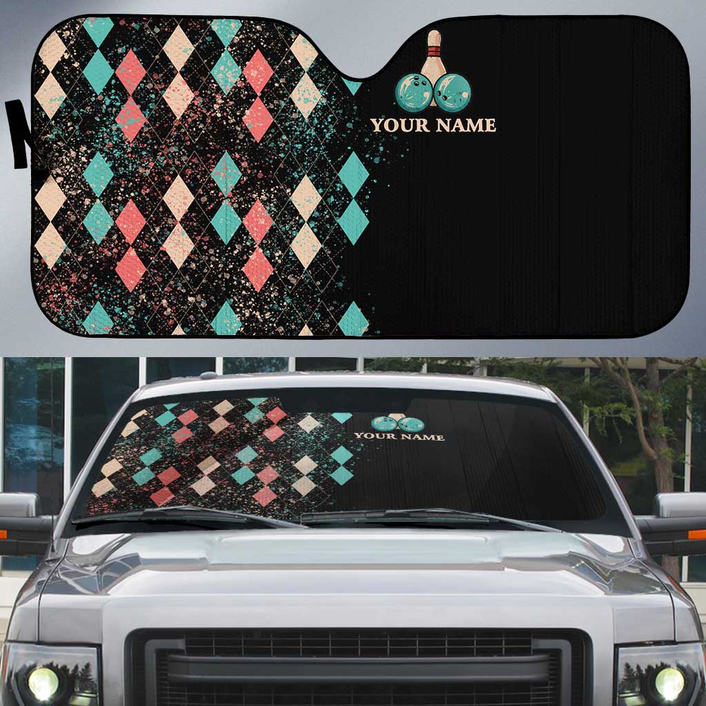 Custom Bowling Balls Auto Sun Shade with Does This Shirt Make My Balls Look Big Quote and Retro Argyle Pattern - Wonder Print Shop
