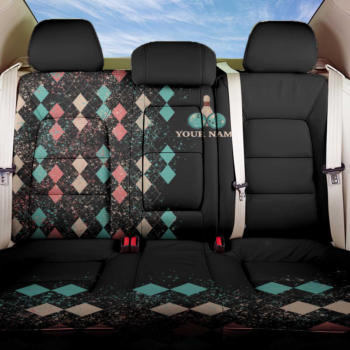 Custom Bowling Balls Back Car Seat Cover with Does This Shirt Make My Balls Look Big Quote and Retro Argyle Pattern - Wonder Print Shop