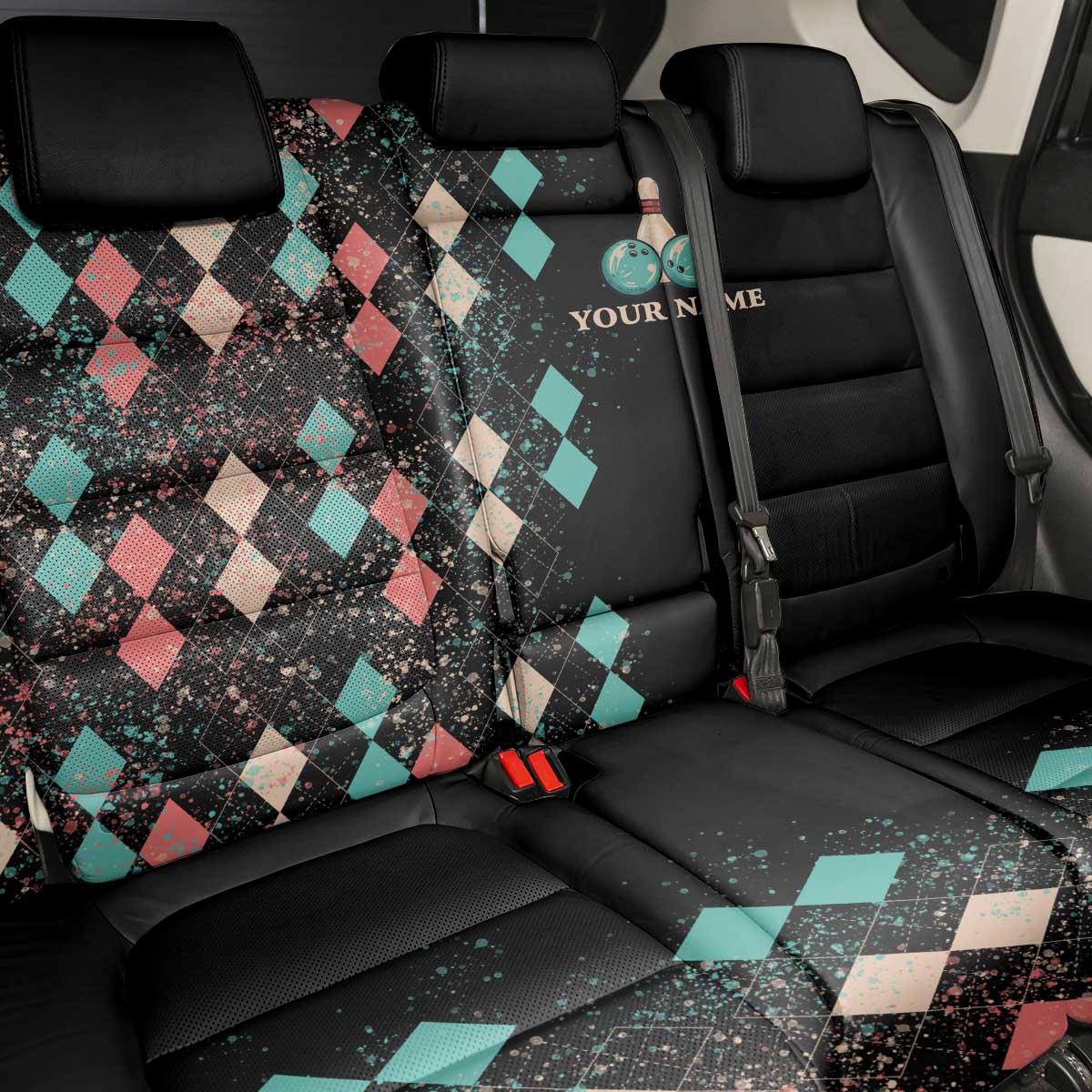 Custom Bowling Balls Back Car Seat Cover with Does This Shirt Make My Balls Look Big Quote and Retro Argyle Pattern - Wonder Print Shop