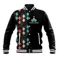 Custom Bowling Balls Baseball Jacket with Does This Shirt Make My Balls Look Big Quote and Retro Argyle Pattern - Wonder Print Shop
