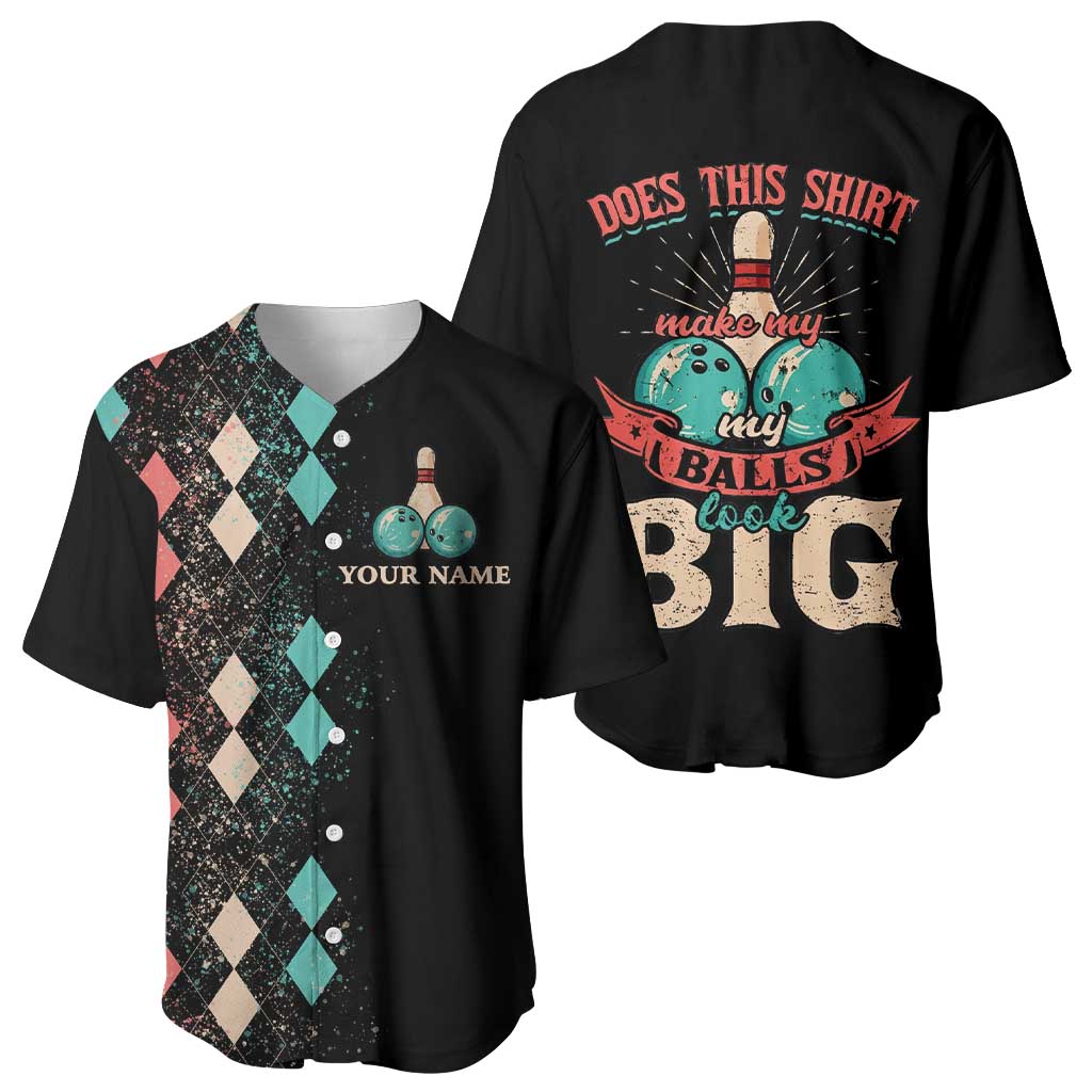Custom Bowling Balls Baseball Jersey with Does This Shirt Make My Balls Look Big Quote and Retro Argyle Pattern - Wonder Print Shop