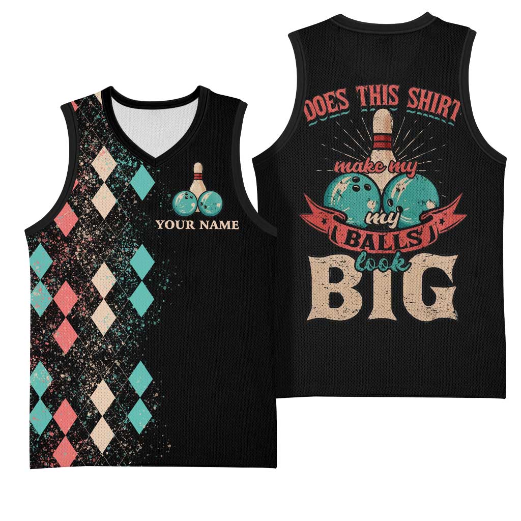 Custom Bowling Balls Basketball Jersey with Does This Shirt Make My Balls Look Big Quote and Retro Argyle Pattern - Wonder Print Shop