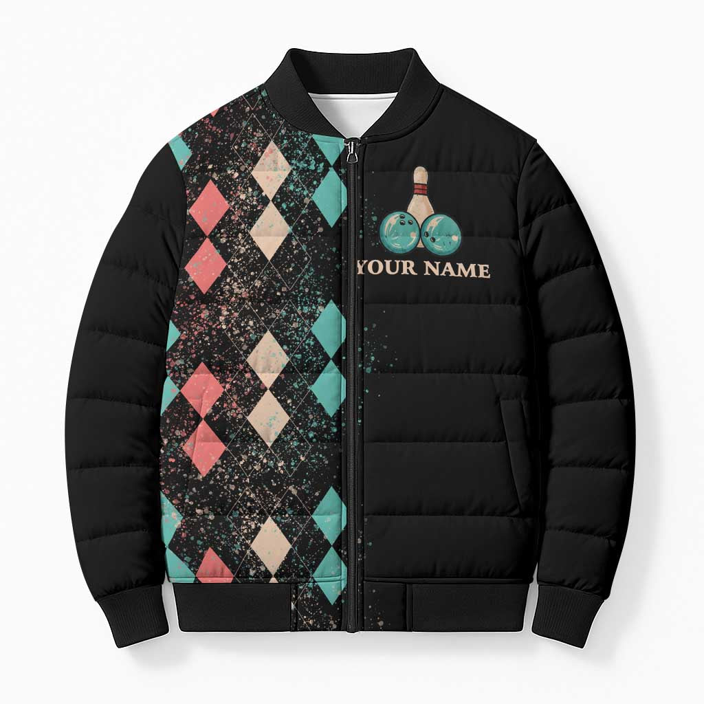 Custom Bowling Balls Bomber Puffer Jacket with Does This Shirt Make My Balls Look Big Quote and Retro Argyle Pattern - Wonder Print Shop