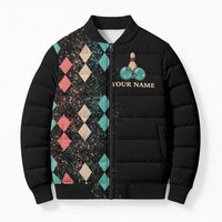 Custom Bowling Balls Bomber Puffer Jacket with Does This Shirt Make My Balls Look Big Quote and Retro Argyle Pattern - Wonder Print Shop