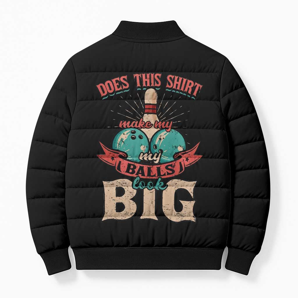 Custom Bowling Balls Bomber Puffer Jacket with Does This Shirt Make My Balls Look Big Quote and Retro Argyle Pattern - Wonder Print Shop
