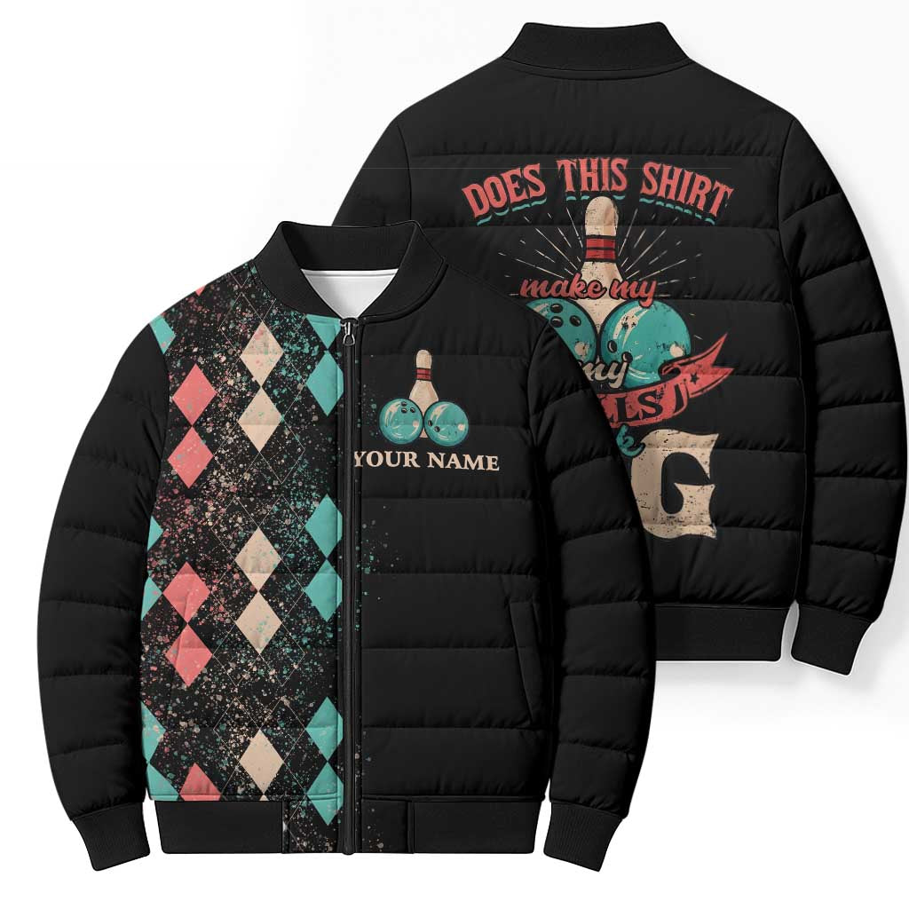 Custom Bowling Balls Bomber Puffer Jacket with Does This Shirt Make My Balls Look Big Quote and Retro Argyle Pattern - Wonder Print Shop
